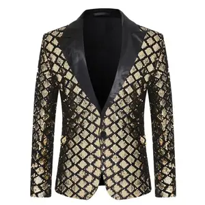 Men's Elegant Slim-Fit Long-Sleeve Polyester Color Block Sequin Suit Blazer - Menswear for Stage, Wedding Events