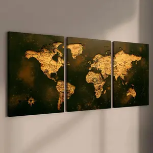 Vintage World Map Pattern Canvas Painting, 3 Counts Wooden Framed Canvas Wall Art, Wall Decor for Home Living Room Bedroom Office, Art Wall Decoration