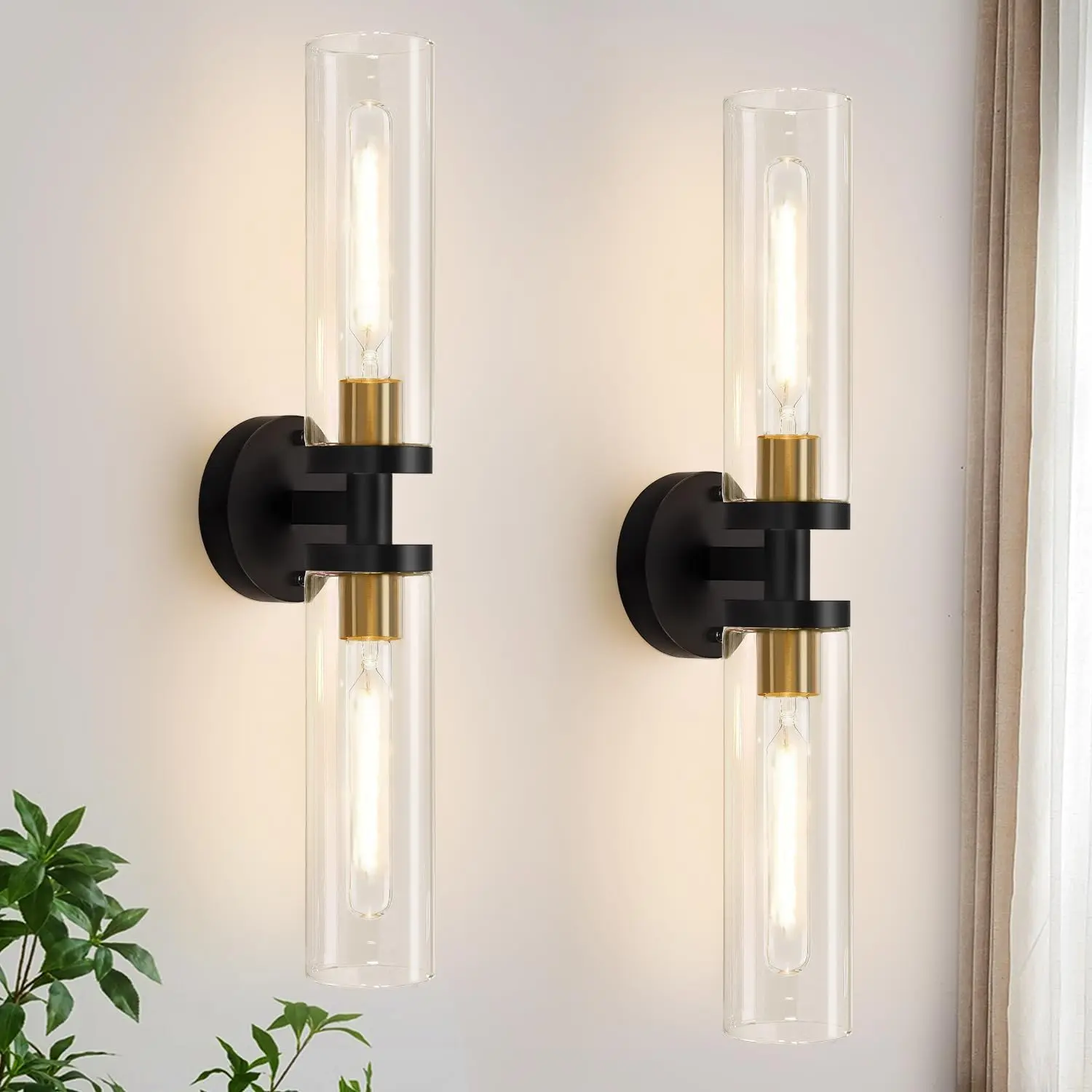 2-Pack Hardwired Wall Sconces, 22" Black and Gold Indoor Wall Light Fixtures with Clear Glass, Modern Home Improvement Decor for Bathroom Mirror, Living Room