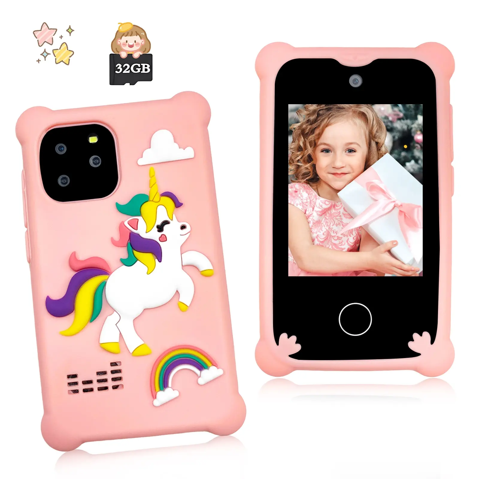 Kids Digital Smartphone Gift for Boys & Girls, 2.8 Inch Touch Screen Unicorn Phone with Dual Camera, MP3 Player & Games, Creative Birthday Gift for Ages 3 4 5 6 7 8 10 Year Olds, Includes 32GB SD Card (Pink)