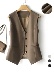 Women's Solid Button Front Vest Blazer, Elegant V Neck Pocket Suit Vest For Work Office Business, Ladies Spring & Fall Clothes, Modern Easy Wear