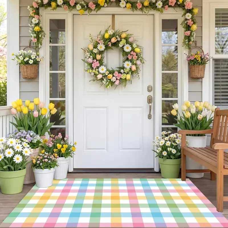 Spring Garden Outdoor Decorative Door Mat, Floor Mat, Colorful Plaid Carpet, Macaron Plaid Pattern Design, Soft Washable Rug for Outdoor Garden Entrance Stairs, Checkered Outdoor Rug