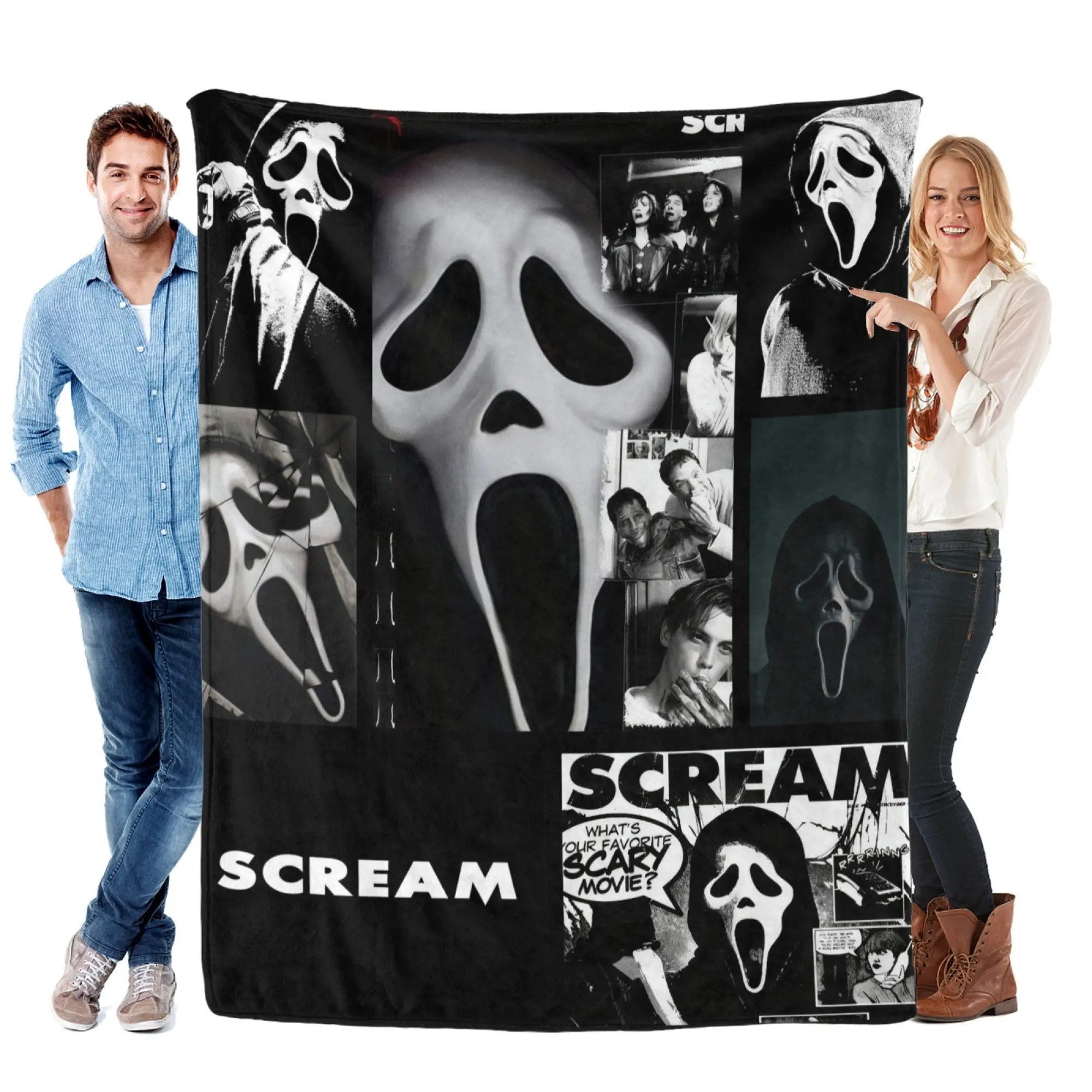 Scream Horror Collage Flannel Blanket - Christmas Spooky Blanket with Iconic Ghostface Mask, Movie Scenes, 'SCREAM' Branding - Soft Festive Gift for Horror Fans, Spooky Blankets
