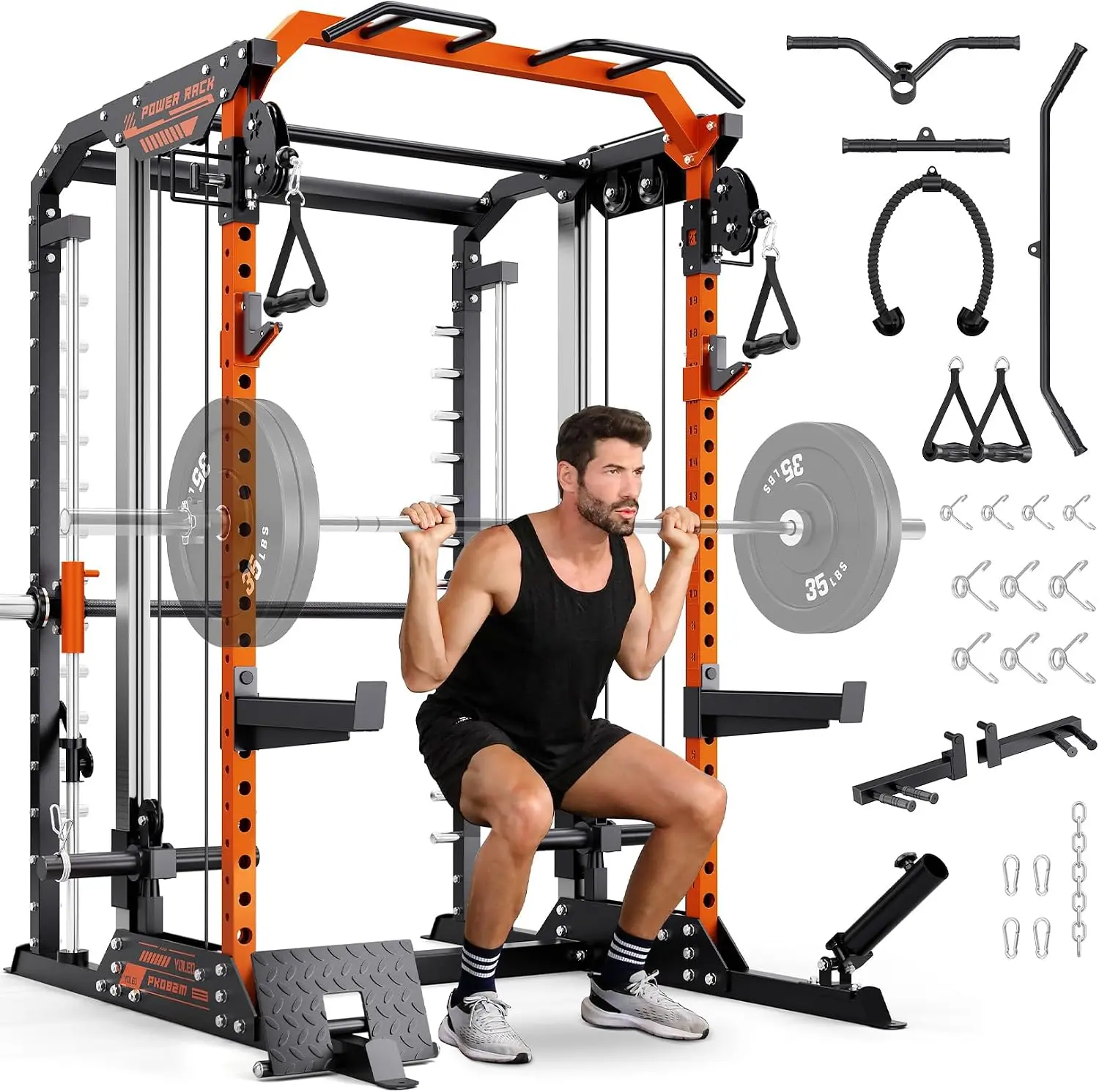 【4 Packages Shipping】YOLEO Smith Machine & Squat Rack Combo, Multi-Functional Power Racks with Adjustable Width & Pull-Up Bar, Cable Crossover Power Cage, Independent Dual-Pulley System for Home Gym Garage Basement