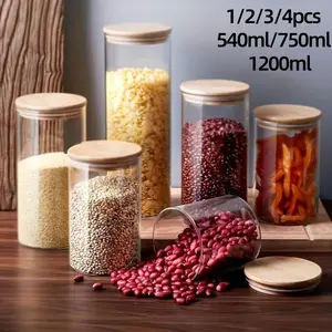 Glass Storage Jar with Wooden Lid, 1/2/3/4 Counts Clear Container, Food Storage Box for Spice, Tea, Coffee, Spice, Candy, Cookie, Glass Kitchen Canisters, Home Organization Containers