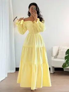 New Women's One-Shoulder Bubble Sleeve Dress, Bow Tie Waist Design, A-Line Hem, Spring Summer Casual Fashion, Elegant, Chic and Slimming, Long Sleeve, Casual wear