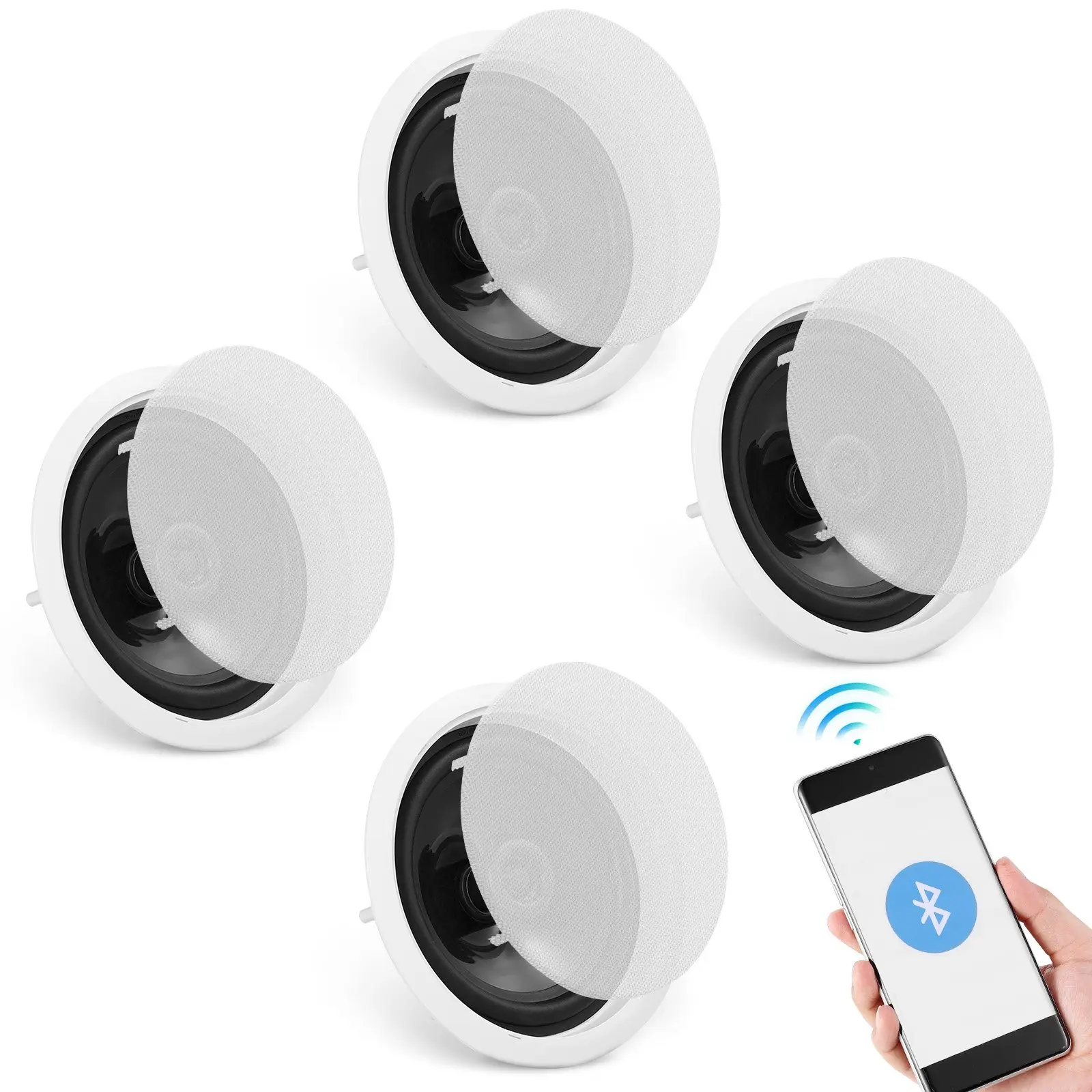 VEVOR 4 PCs 6.5'' Wireless Bluetooth Flush Mount Ceiling Speakers with 6.5'' Woofer, 150W, 8-Ohm Impedance, 89dB Sensitivity, 3-5 Minutes Installation, Audio Connection System for Home Living Room, Covered Outdoor Porches, 6.5-Inch
