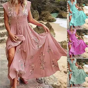 Summer 2025 Women's V-neck French Beach Bohemian Print Dress Clothing Outfit Elegant Formal Casual Floral Womenswear Day Streetwear Spring