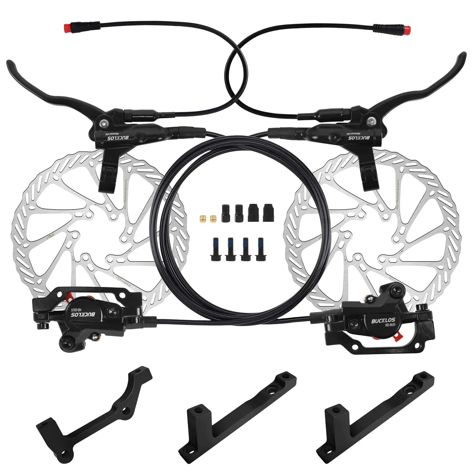 BUCKLOS 2 Piston Power-Off Ebike Hydraulic Disc Brake Set with 180mm Rotors | 2 Pin Electric Aluminum Alloy Lever, Left Front 1100mm Right Rear 1800mm, Included Rotors&Adapters,for MTB,E-scooter(HD-E635)
