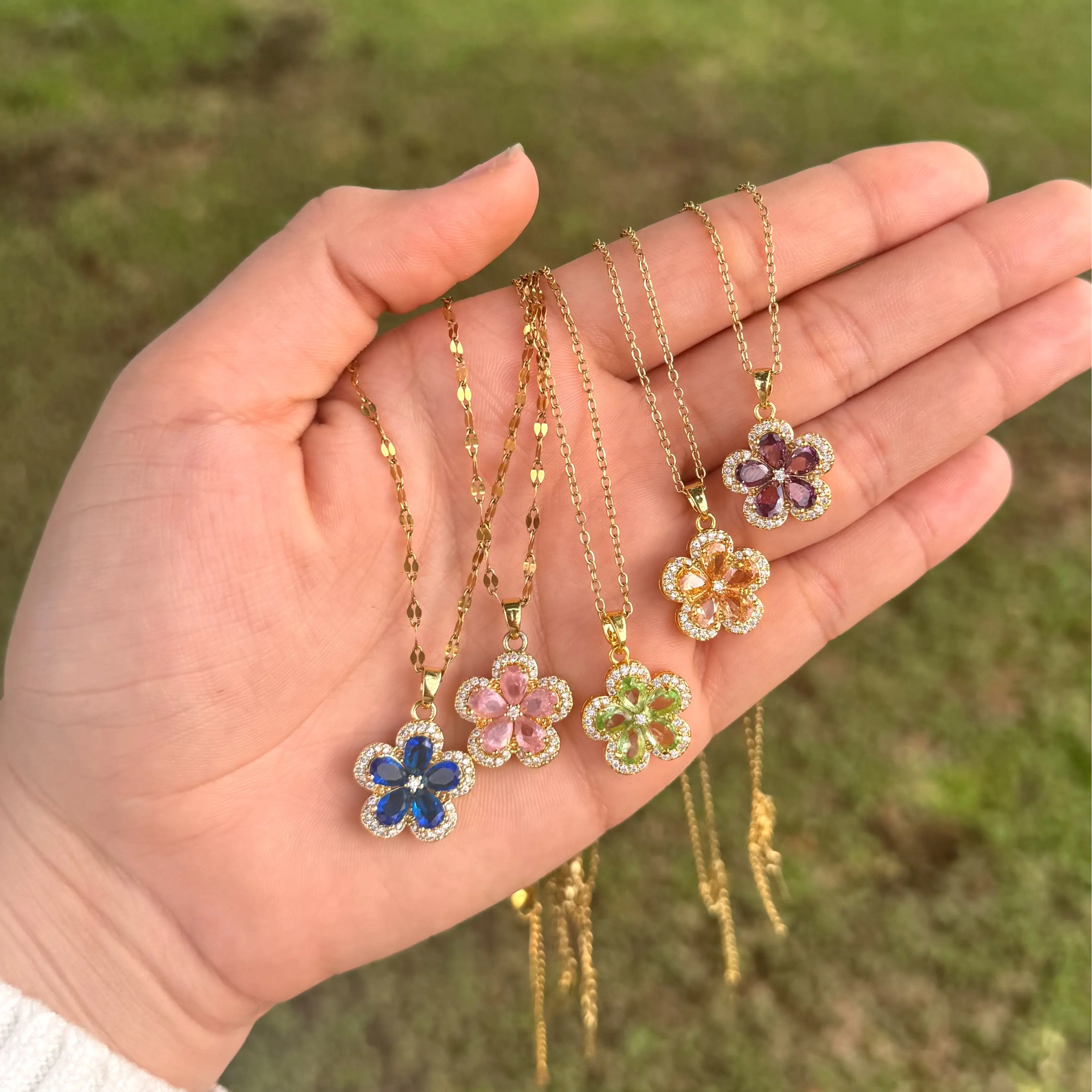 18k Cherry Blossom Necklace  - Gold-Tone Floral Pendant Necklace with Colorful Accents