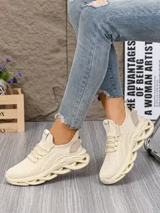 Women's Beige Knit Blade-Sole Sneakers, Lightweight Lace-Up Casual Trainers, Fashionable Walking Shoes for Daily Wear, Casual Footwear