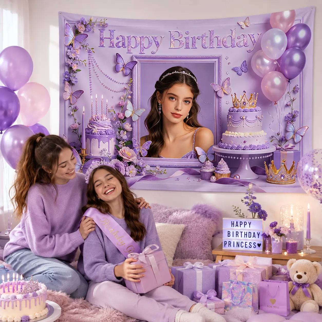 Custom Purple Princess Theme Birthday Party Backdrop Tapestry - Personalized Photo, Name Banner, Lightweight Floral Decoration for Girls’ Kids Room Wall Decor