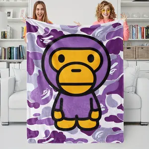 BAPE Baby Milo Camo Flannel Sofa Bed Blanket, Soft Plush Pink ABC CAMO & Cartoon Monkey Design Cover Throw, Soft Silky Thick & Fine, Indoor Outdoor Use, Cute Trendy Brand Style Home Decor Gift for Fans, Soft Comfy Blanket