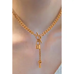 Stainless Steel Solid Curb Chain with Lock and Key Charms Dangling from Center Toggle Clasp