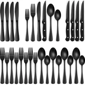 24-Piece Black Silverware Set with Steak Knives, Black Flatware Set for 4, Food-Grade Stainless Steel Tableware Cutlery Set, Mirror Finished Utensil Sets for Home Restaurant, Round Edge