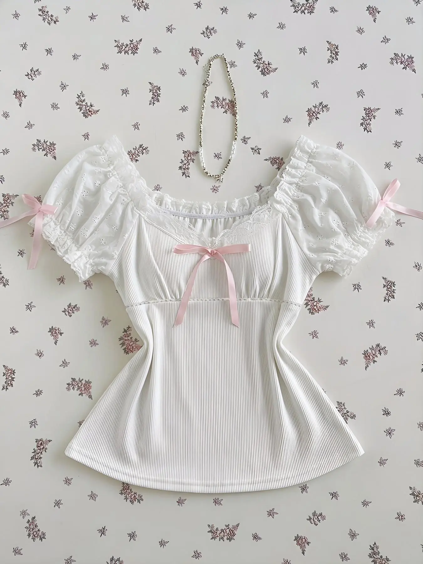 Elegant Cute Girl Summer Top, Solid Color Lace Patchwork Bow Tie Slim Fit Short Sleeve, Women's Fashion Clothing for Warm Weather, Blouse Shirts, Womenswear