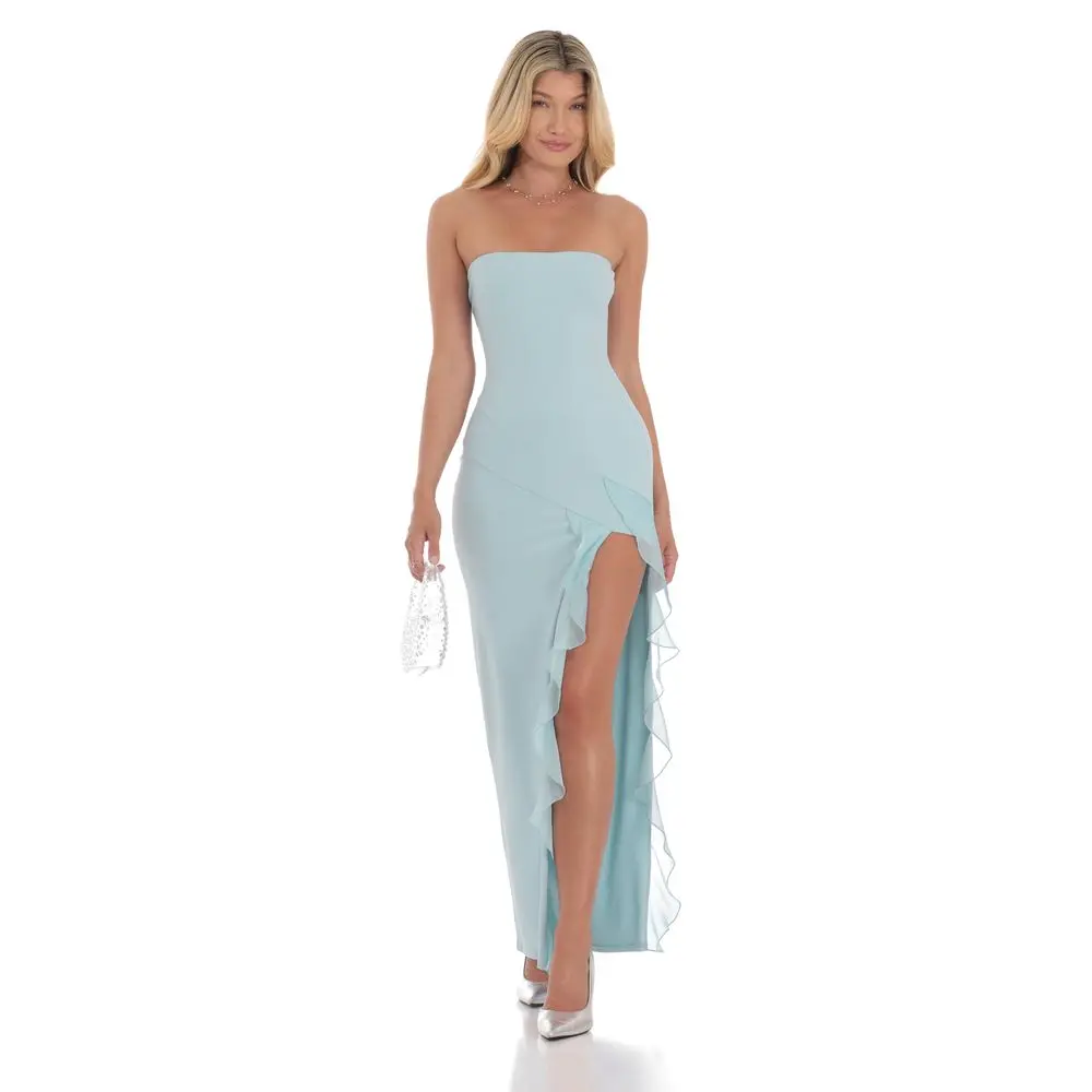 Strapless Ruffle Slit Dress in Blue