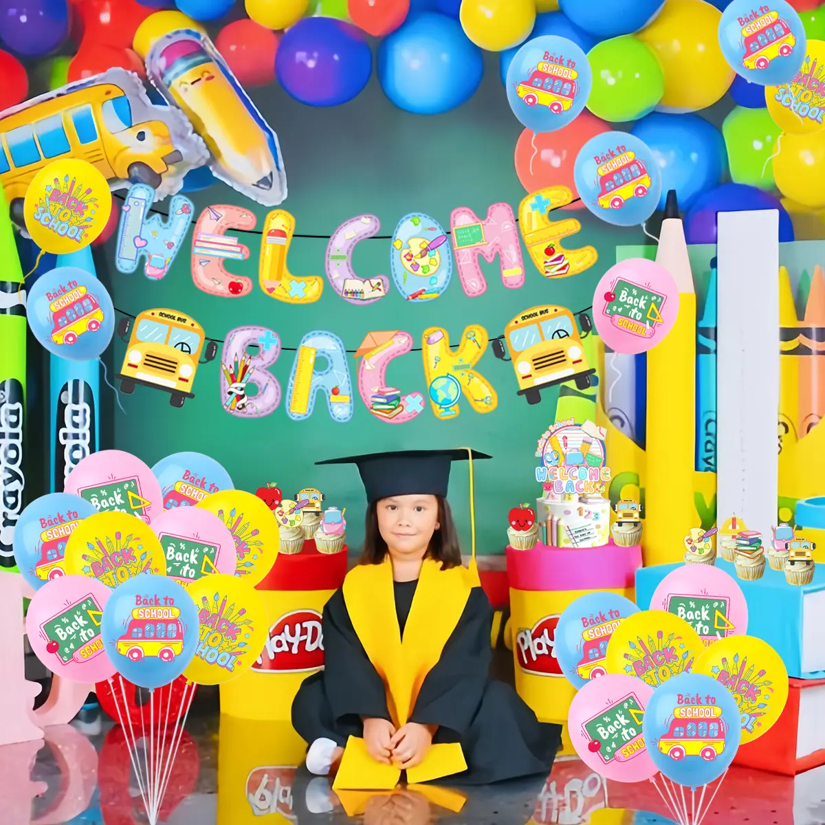 Children's party decoration school theme party supplies welcome back flag balloon cake insert opening season decoration set