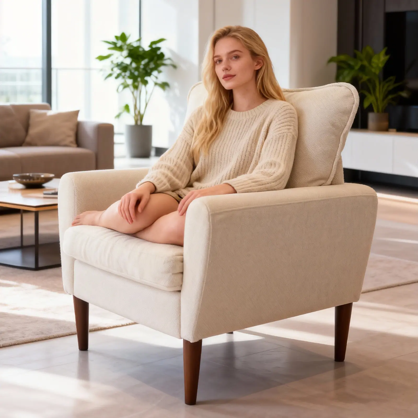 Modern Accent Chair, Plush Lounge Armchair with Sturdy Wood Legs for Living Room & Bedroom Modern Accent Chair, Plush Lounge Armchair with Sturdy Wood Legs for Living Room & Bedroom