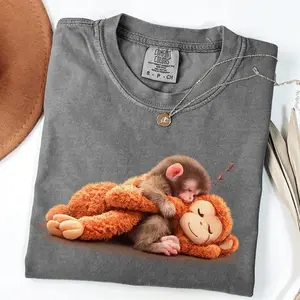 Comfort Colors Monkey Punch Shirt, Trend Meme Graphic Viral Baby Monkey Holding Plush Toy, Animal Lover Gift, Cute Cozy Shirt