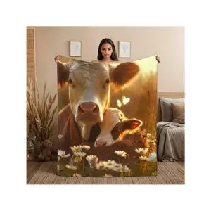 1pc Cow & Calf In Field Flannel Throw Blanket - Soft Cozy All-Season Black & Golden Cowhide-Like Cow Pattern, Farmhouse Bedspread Bed, Couch, Travel - Lightweight Warm Showers,, Birthdays ()