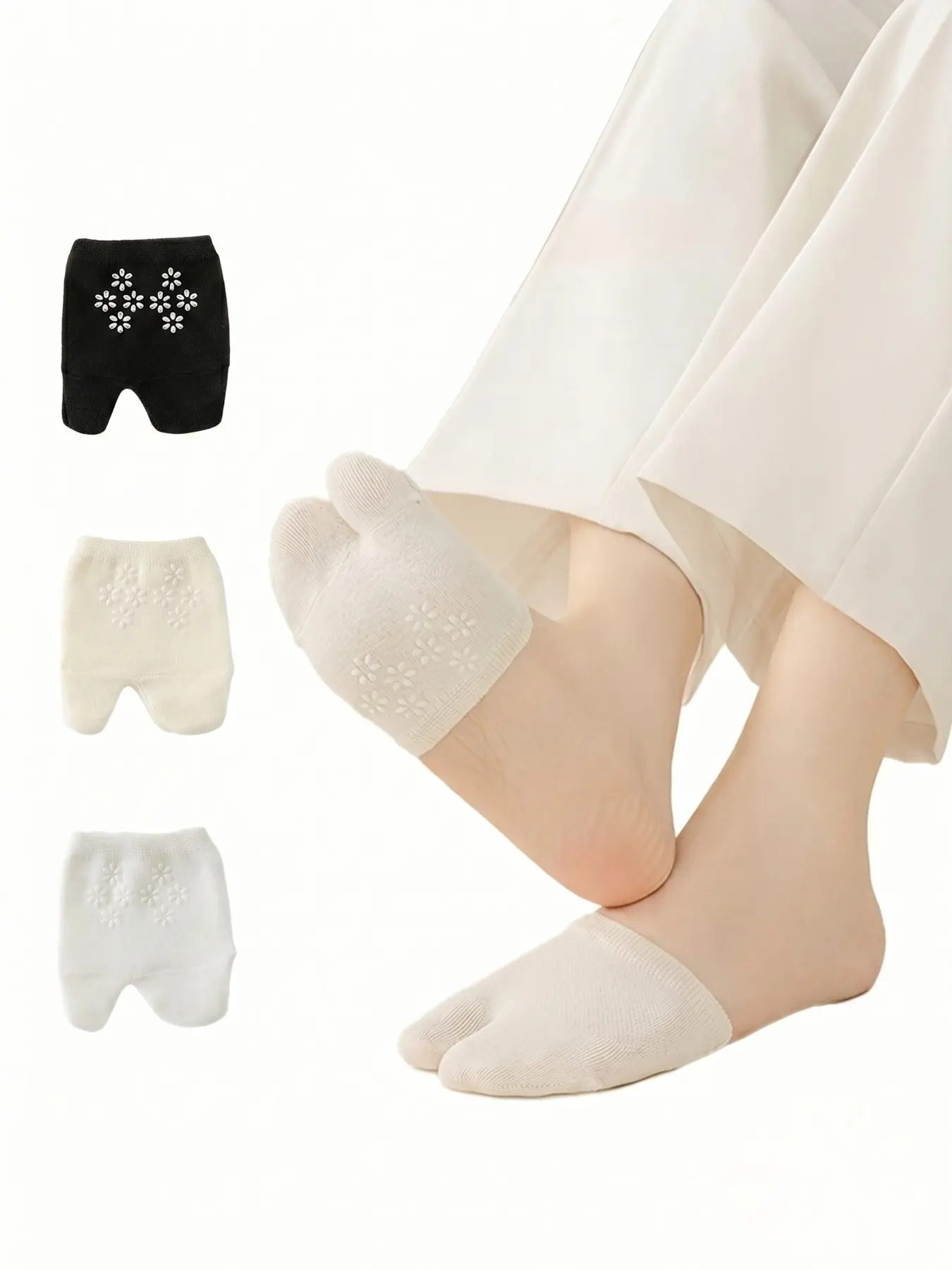 3 Pairs Women's Tabi Socks No Show Socks Split Toe Half Socks Invisible Socks Lightweight Liner Toe Topper Covers for Flip Flops, Sandals & Mules