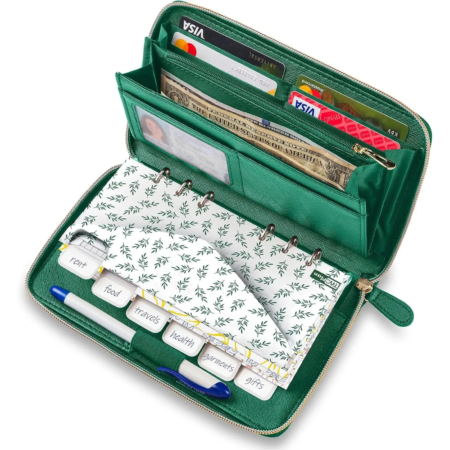 Envelope Wallet  Green All in One Budget System with 12  Stuffing  Envelopes, 12 Monthly Budget Cards, Yearly Budget Planner sheet Complete  Organizer Set RFID Blocking