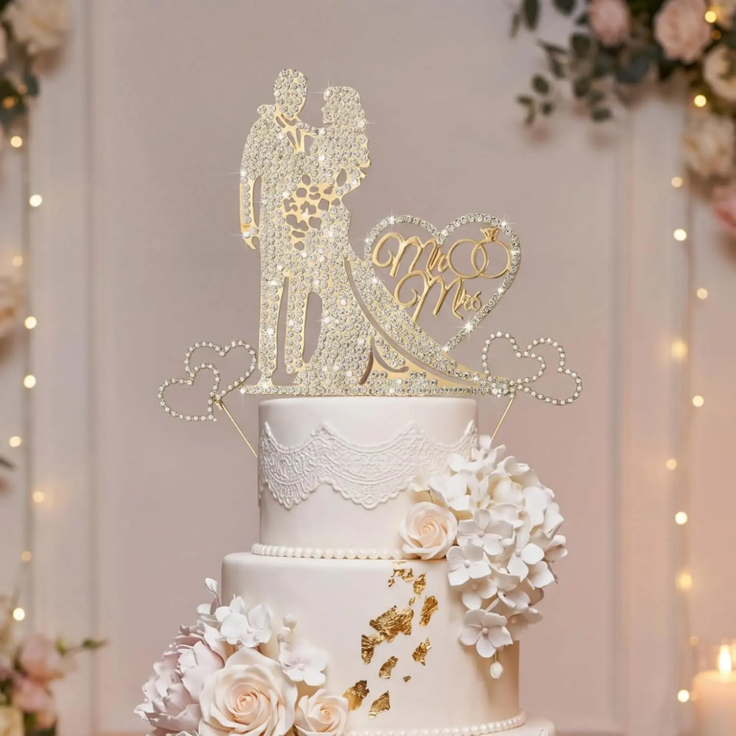 3-Pack Gold Crystal Metal Bride and Groom Wedding Cake Toppers, 5.91x0.63in Rhinestone Ornaments, Cake Decoration Supplies for Engagement, Bridal Shower