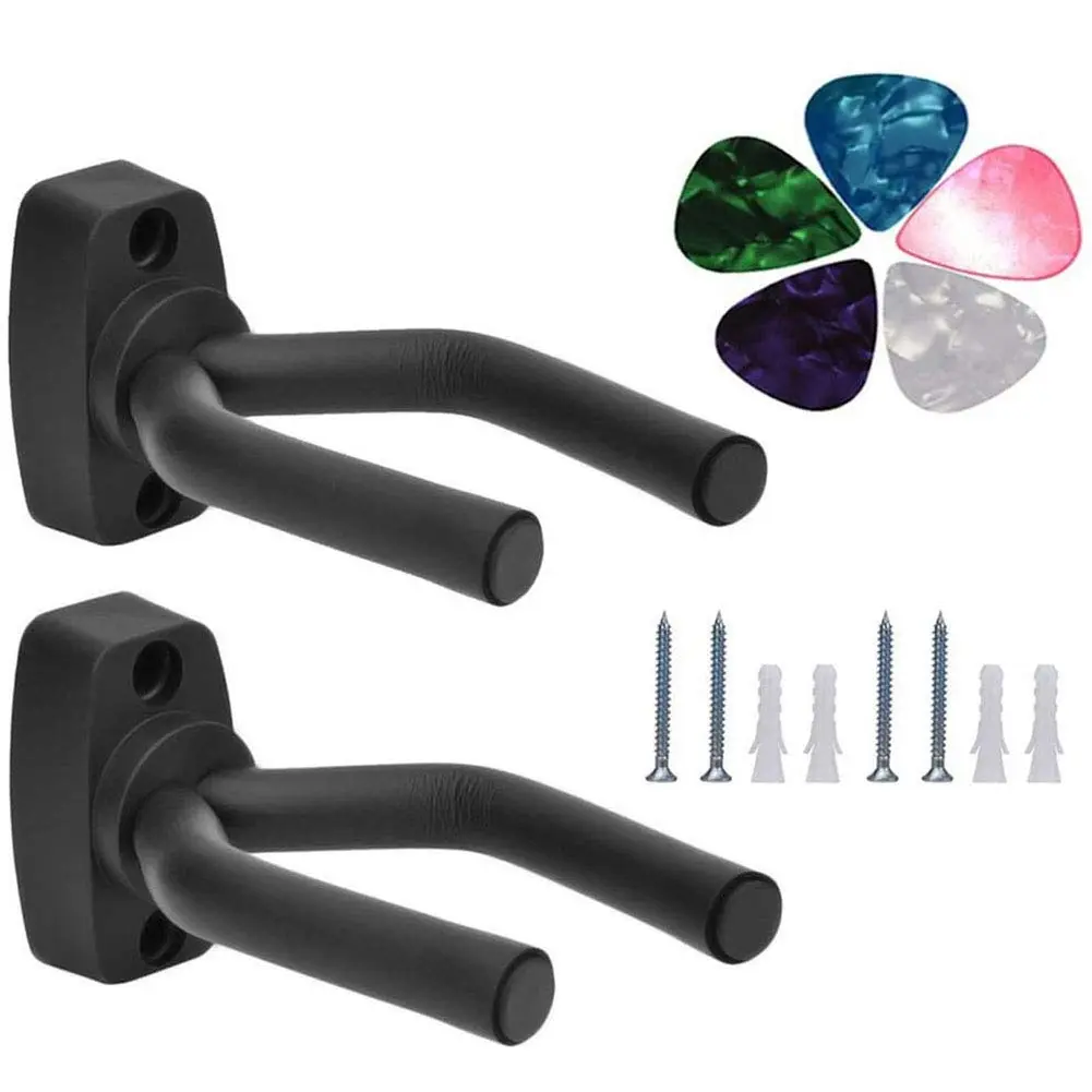2 Pack Guitar Wall Mount Hanger Hook, Multi-Purpose Holder for Guitar Ukulele Bass Violin Mandolin, Easy Install Instrument Display Rack, Bonus 5Pcs Guitar Picks