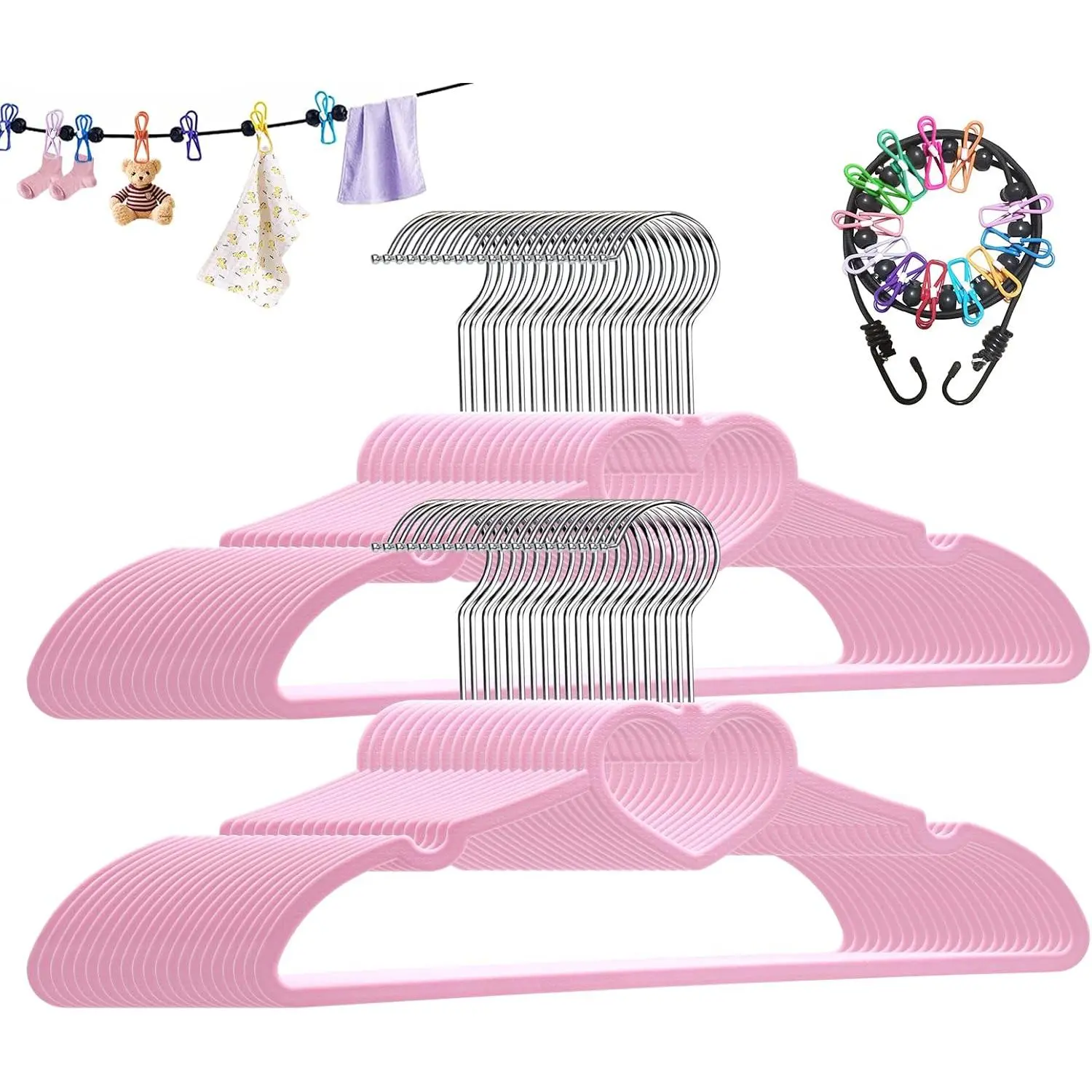 Plastic Hangers 50 Pack, Cute Clothes Hanger Ultra Thin Space Saving - Pink Clothes Hangers with 360 Degree Swivel Hook & Travel Clothesline - Sturdy Adult Coat Hangers for Dress, Shirts, Coats