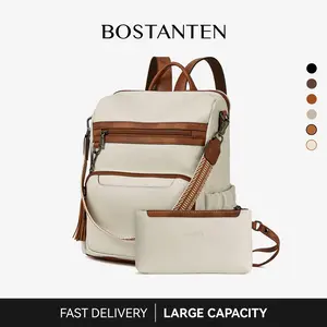 BOSTANTEN Backpack for Women Leather Womens Backpack Purse 2PCS Laptop Backpack Large Ladies Shoulder Bags with Wristlet