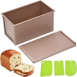 Spmarkt Pullman Loaf Pan with Lid, 1Pound Dough Capacity Rectangular Bread Pan, Non-Stick Long Bread Pans for Homemade Bread, 9x4inch Pullman Loaf Pan with Dough Scraper Cutter for Sandwich Bread Kitchenware Easy To Clean Durable Baking