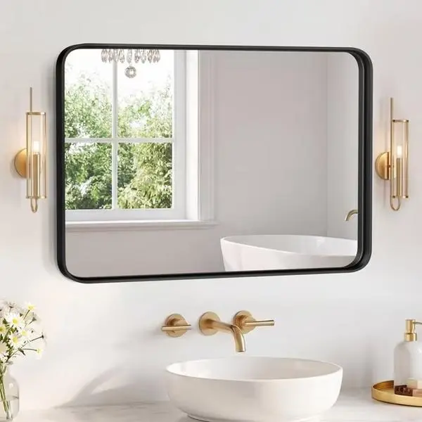 Shatterproof Bathroom Wall Mirror Vanity Mirror with Rectangular Metal Frame, Anti-Fog, Black, Gift for Mother's Day