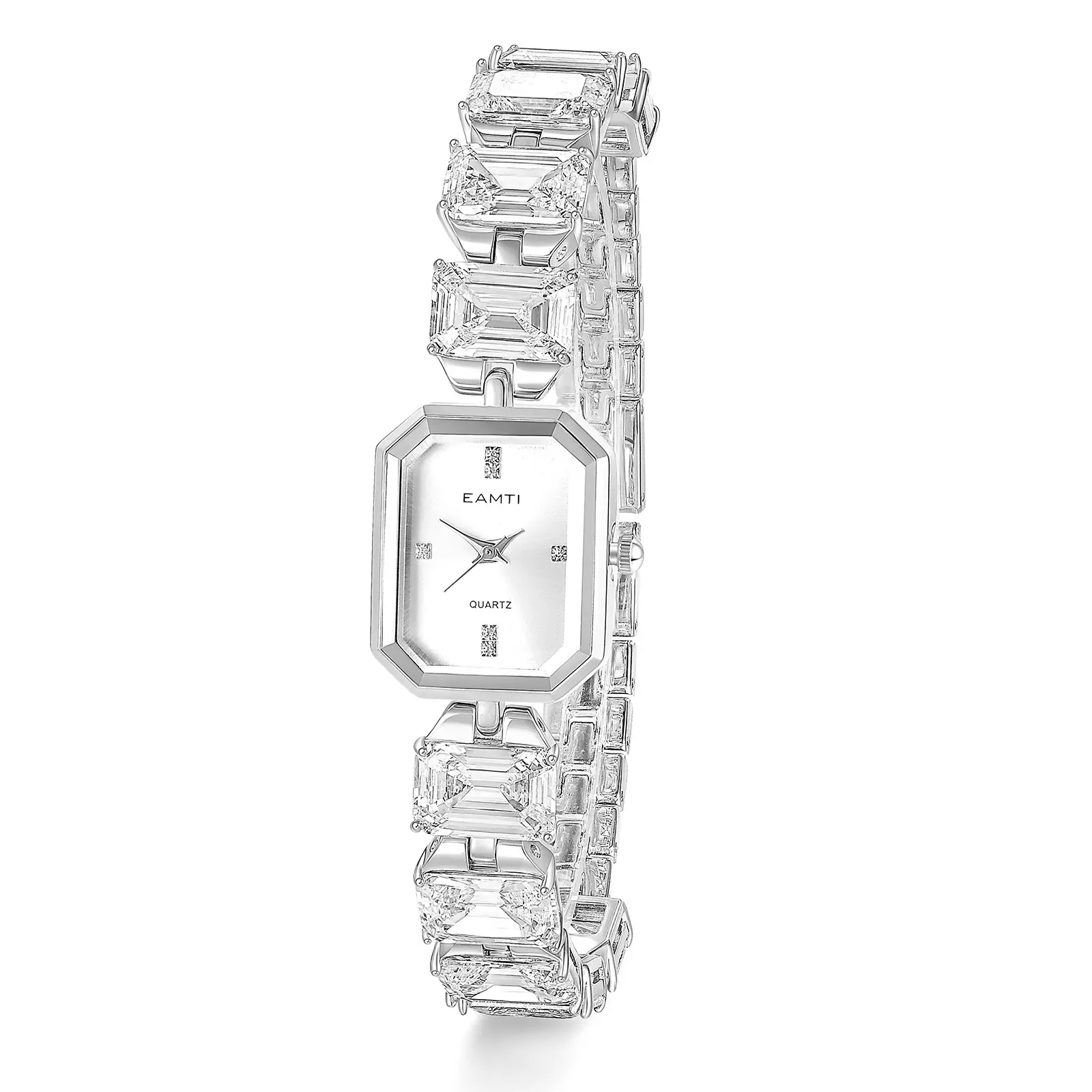EAMTI Cubic Zirconia CZ Watch for Women Dainty Ladies Quartz Wrist Watches Stainless Steel Wristwatch 24.8*20.3mm Dial 12mm Band 30m Water Resistant Fashion Dress Watch
