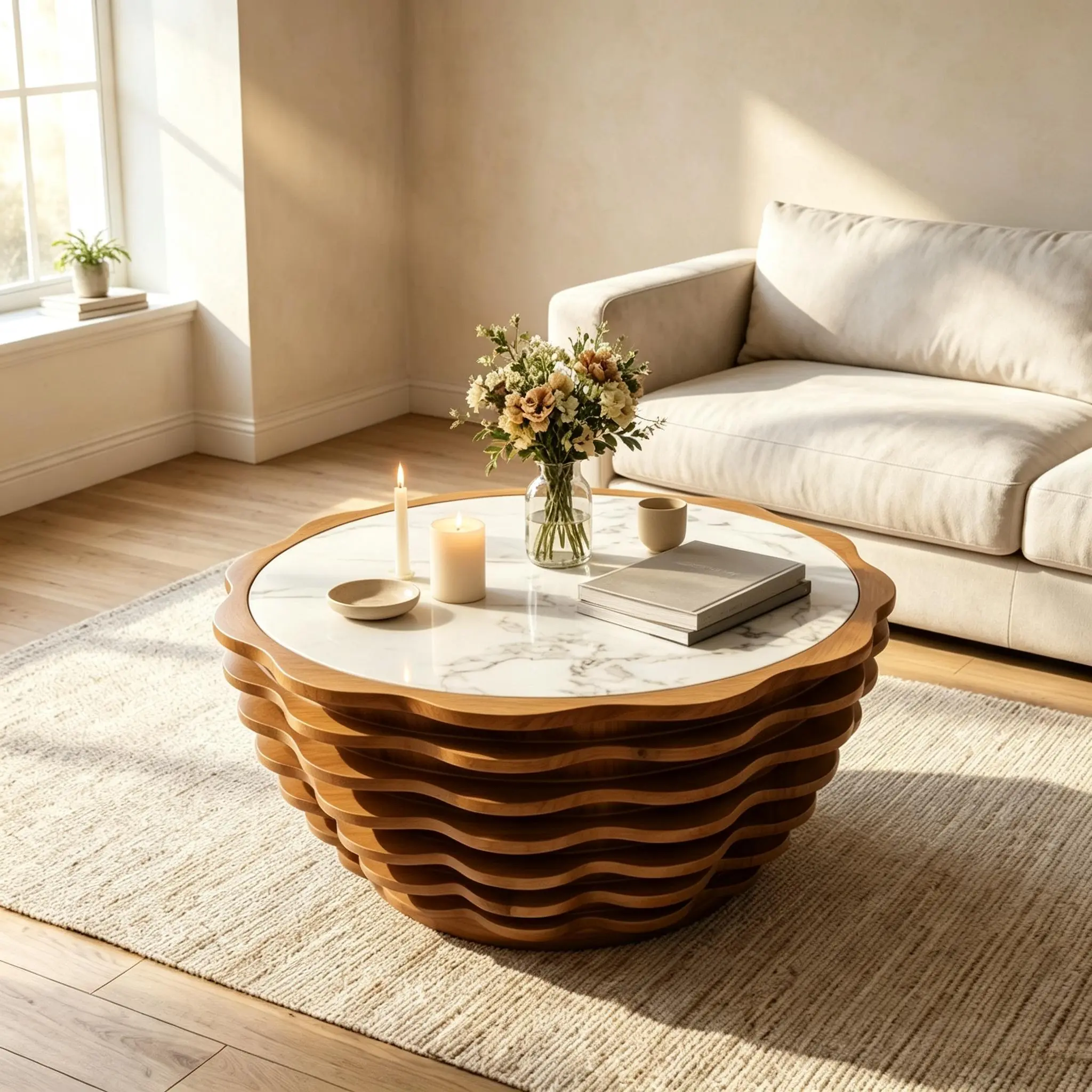32.1 Inch Flower Shaped Round Coffee Table, Modern Wave Layered Base Coffee Table with Marble Stone Tabletop, Fully Assembled Accent Table for Living Room, Office, Cafe