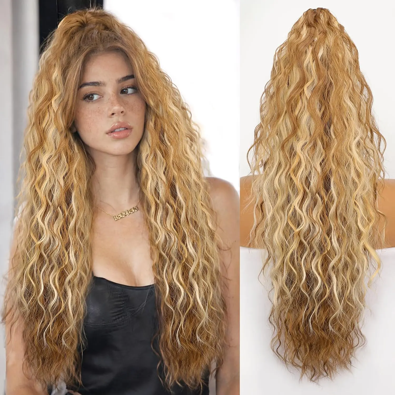Ponytail Extension Claw 30" Curly Pony Tail Clip in Claw Hair Extensions Fluffy Natural Looking Synthetic Hairpiece for Women Light Brown Mix Light Blonde Ponytailwig Glueless Clip In