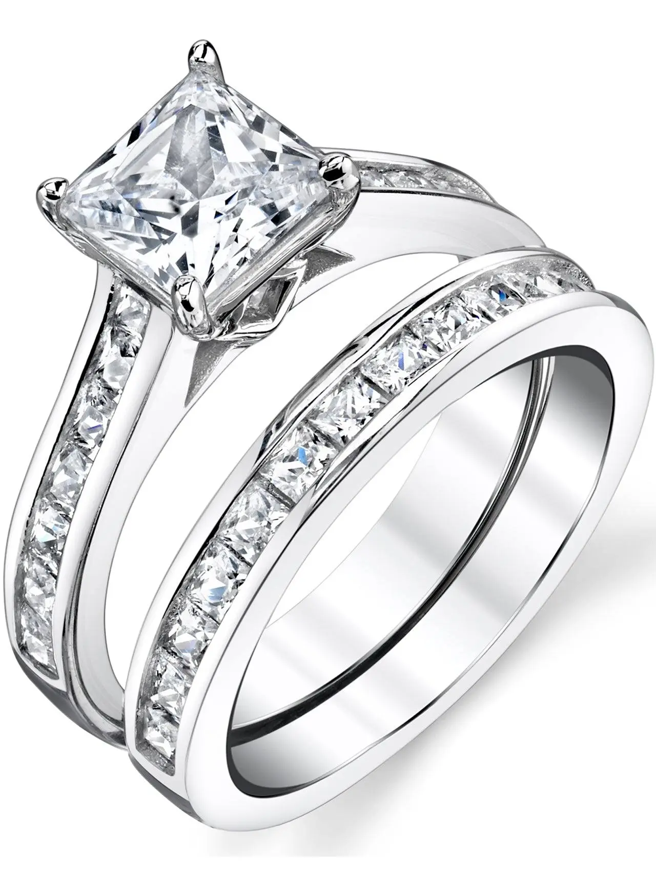 Womens 1.5 Carats Sterling Silver Bridal-Set Engagement Wedding Ring Cubic Zirconia 8MM