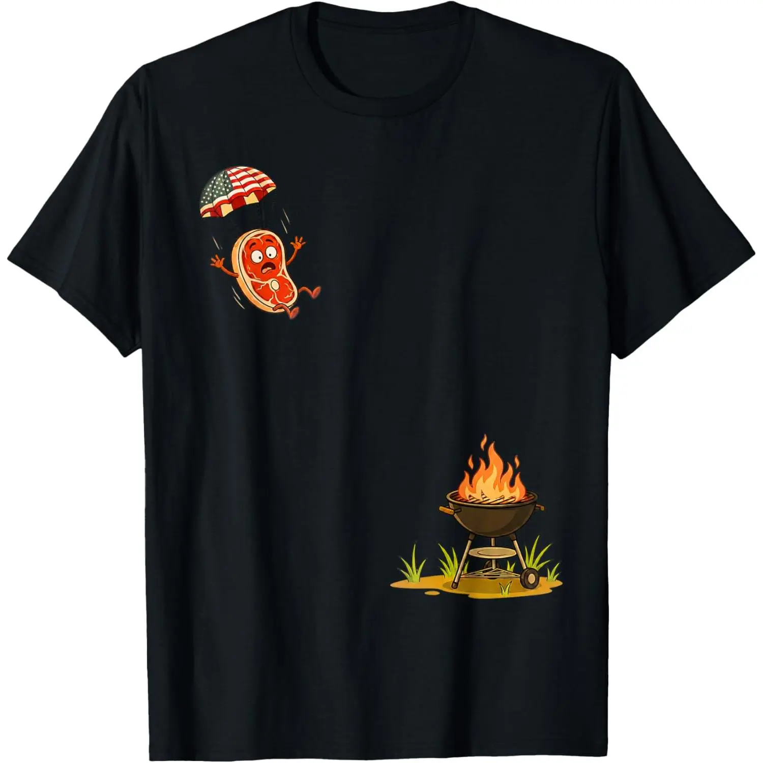 Women's Funny Steak Skydiving Graphic T-Shirt, Casual Distressed Short Sleeve 100% Cotton Top for Fourth of July BBQs