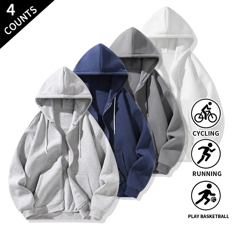 4-Pack Men’s Full-Zip Hooded Sweat Jackets, Standard Fit Zip-Up Hoodies with Kangaroo Pockets for Cycling, Running, Basketball Training