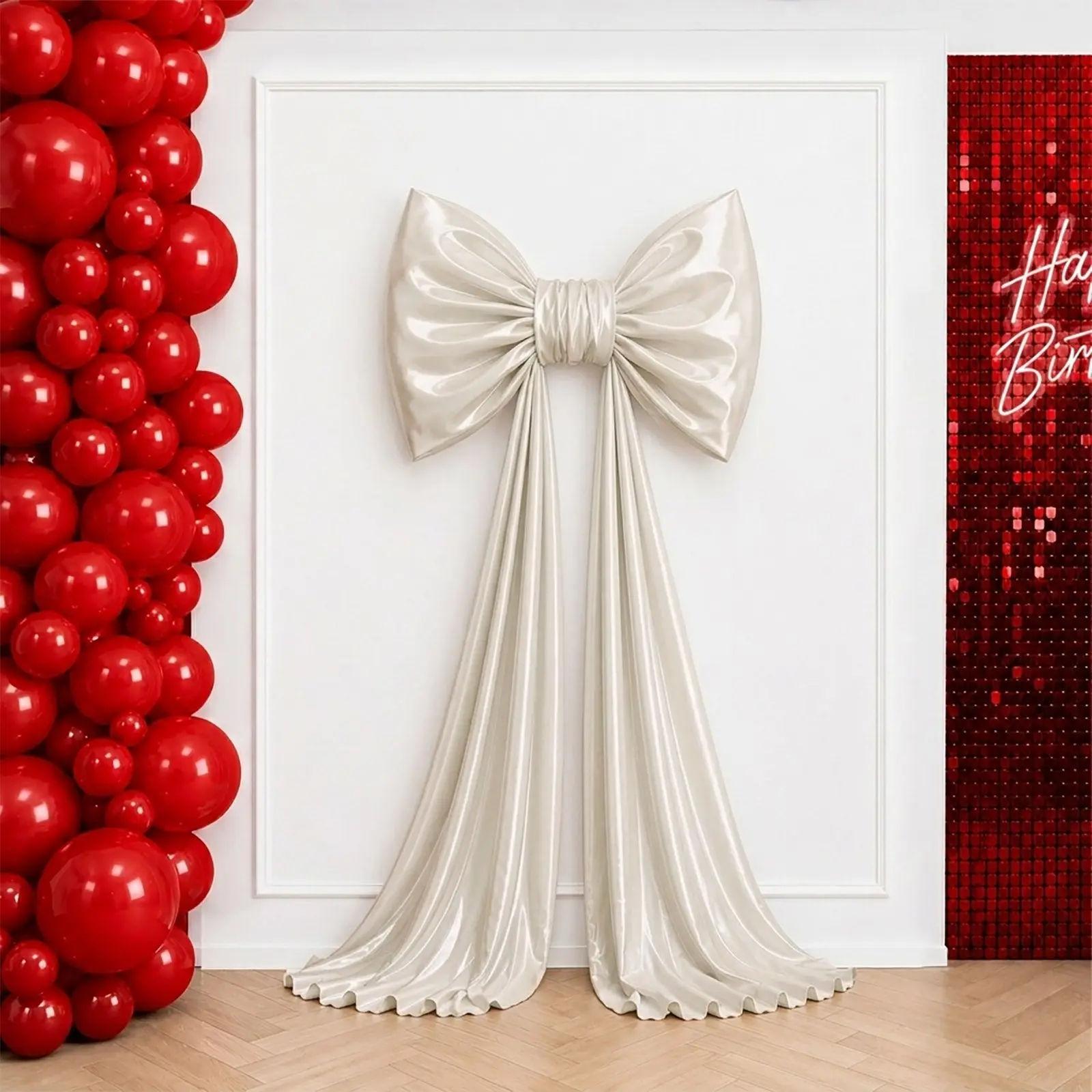 7ft Giant Beige Satin Single Bow Backdrop Decor, Coquette Theme Dry Clean Decor for Wedding Event Photo Booths