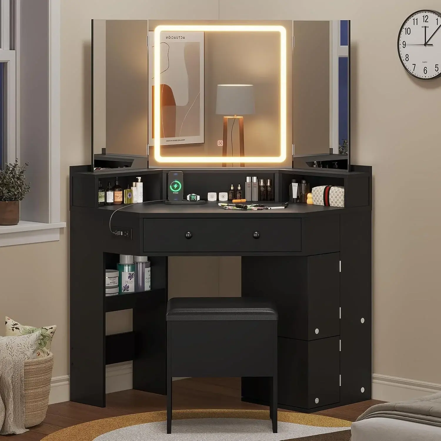SIKAIC Black Corner Makeup Vanity Set with Tri-Fold Mirror, Stool, Lights & LED Vanity Desk for Bedroom, Makeup Vanity With Lights