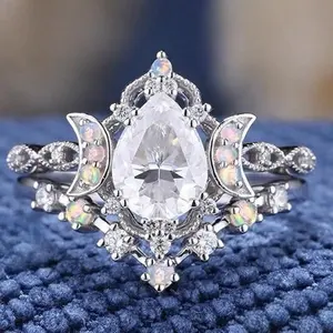 Fashionable Women's Versatile Water Drop Zircon Star Moon Ring Set Elegant Gemstone Ring Perfect for Gifting Stylish Jewelry Accessory Stunning Moonstone Color Enhance Your Outfit