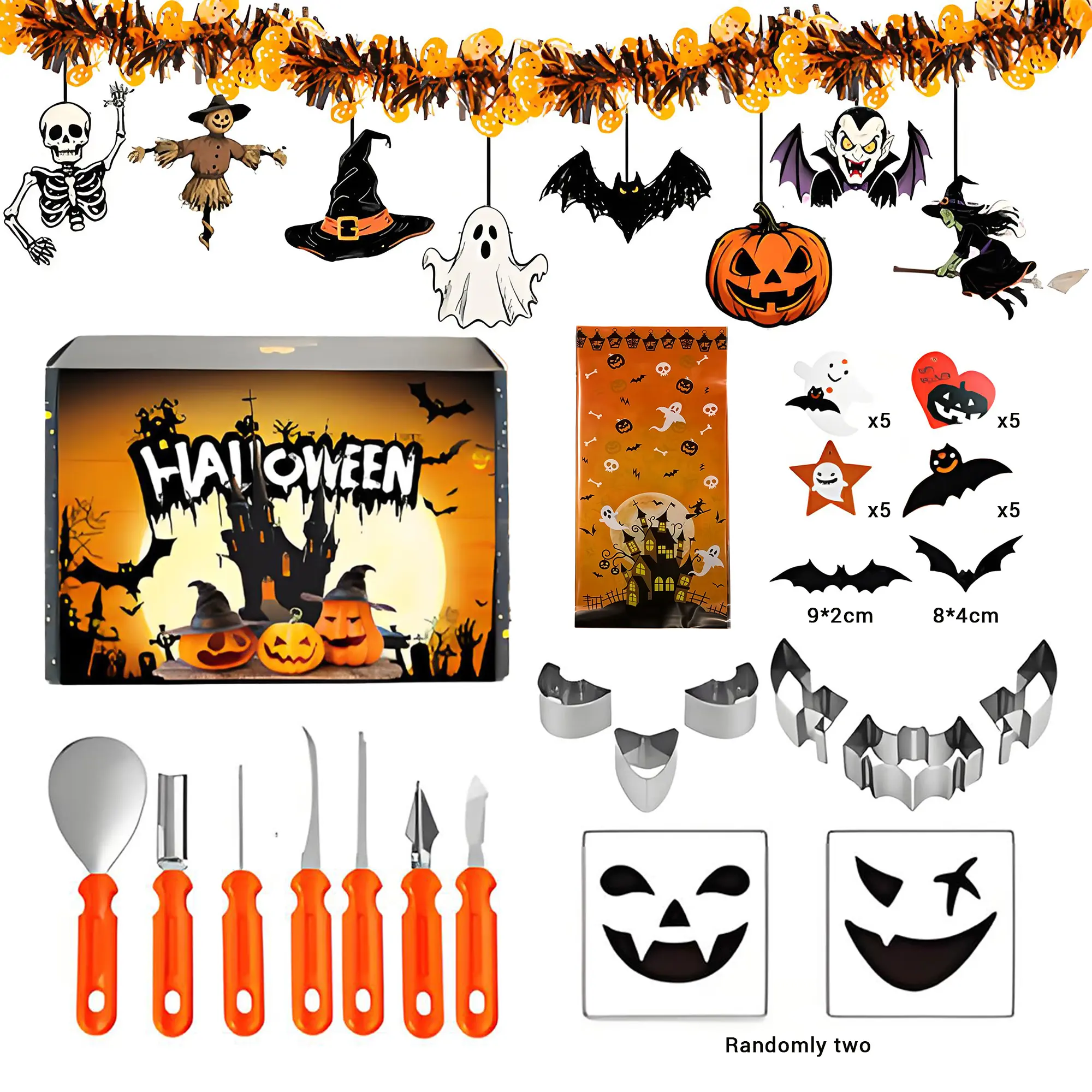 Kids Safe Halloween Pumpkin Carving Set, 7pcs Safe Carving Tools, 2 Metal Pumpkin Molds, Controllable LED Decoration Light, Spooky Bat Ghost Paper Cutouts, 20Pcs Trick or Treat Candy Bags, Ideal Gifts for Crafts & DIY