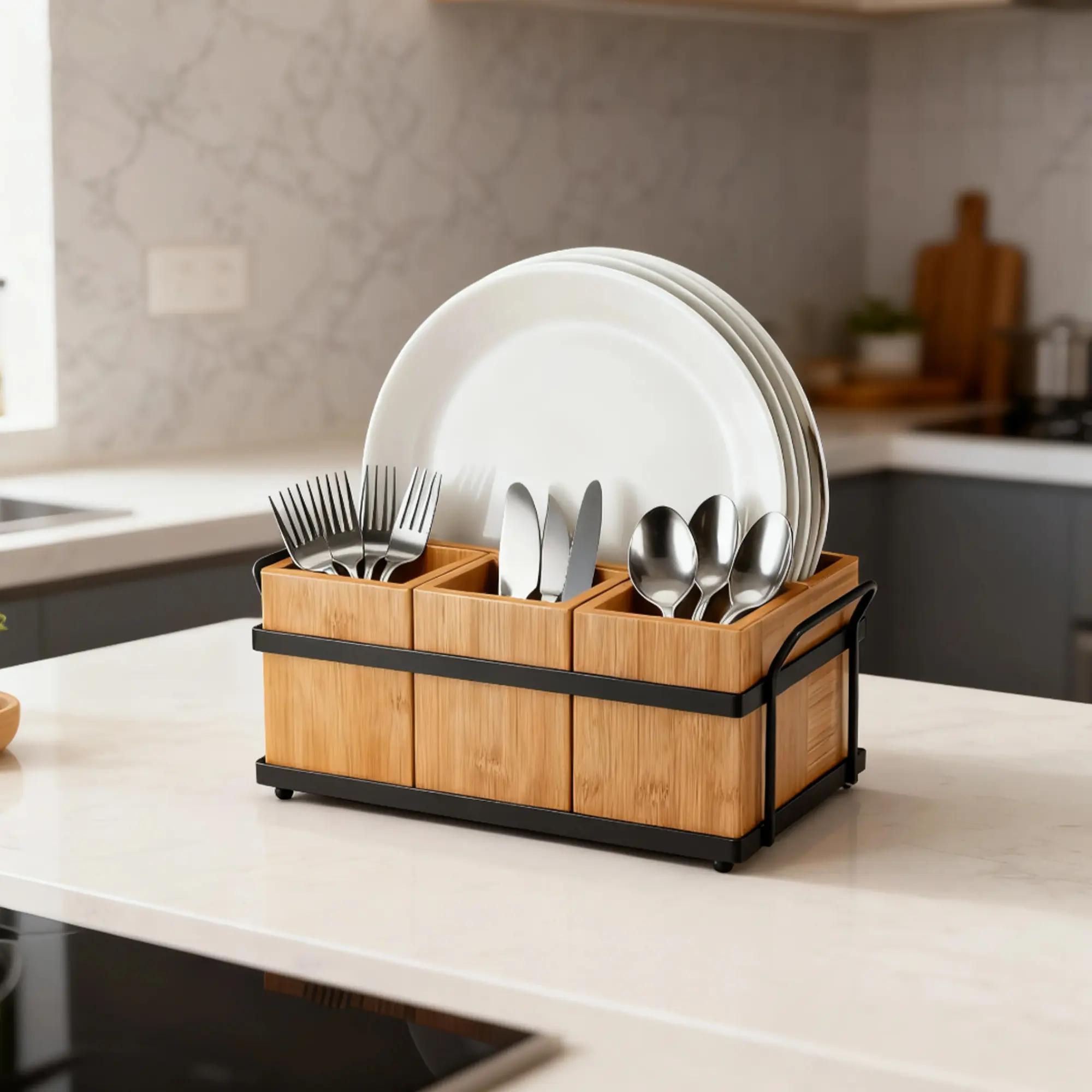 All-in-One Bamboo Paper Plate & Silverware Caddy, 4-Slot Removable Utensil Organizer with Plate Dispenser, Portable Wood Cutlery Holder