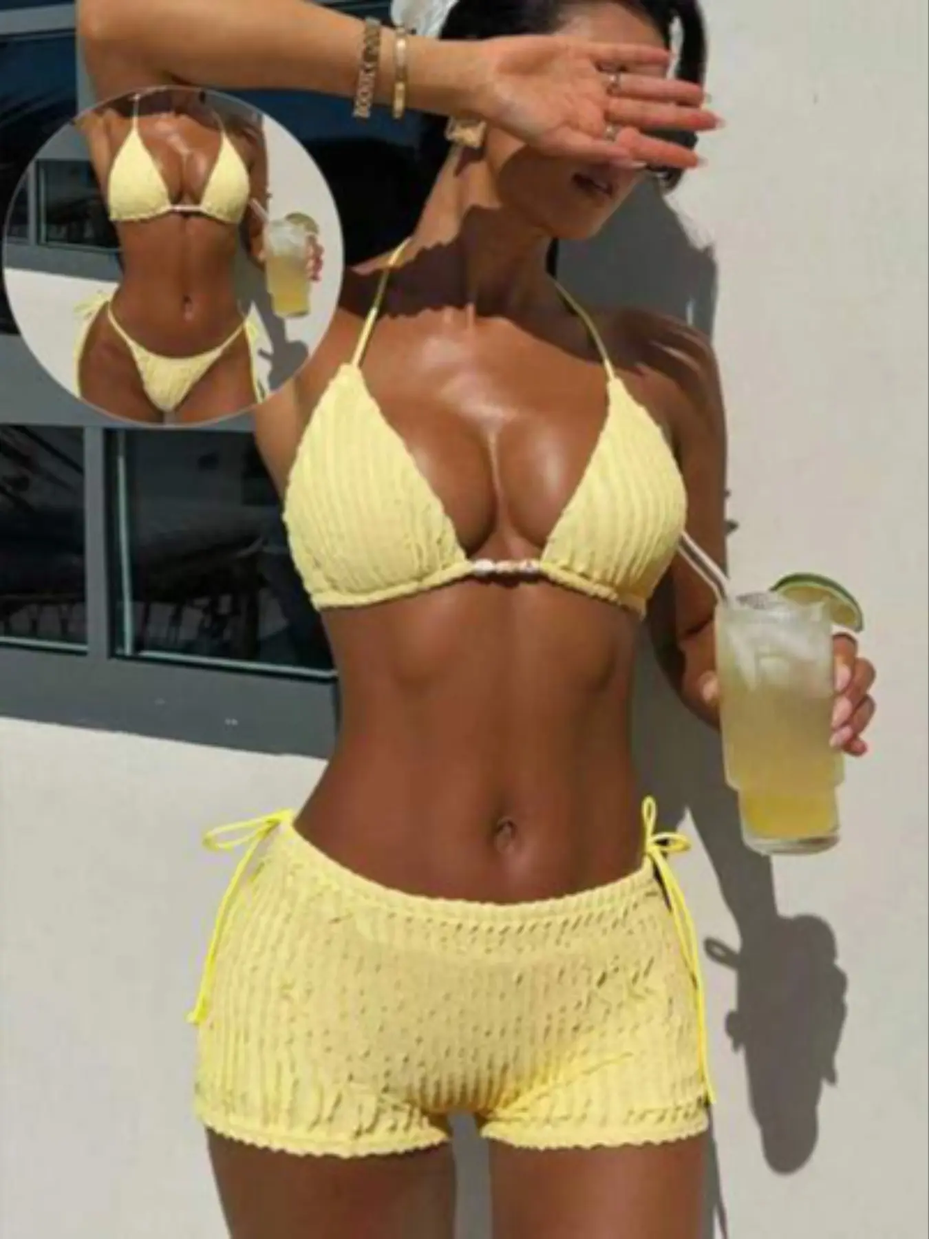 Women's Fashion Embroidered Bikini Set, Three-Piece Swimsuit for Beach Vacation and Pool Party, Casual Stylish Swimwear