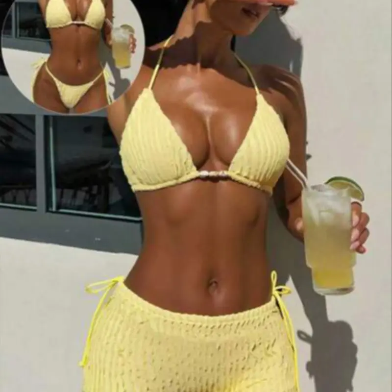 Women's Fashion Embroidered Style Bikini Set, Three-Piece Swimsuit for Beach Vacation and Pool Party, Casual Stylish Swimwear, Fashion Beachwear Swimwear