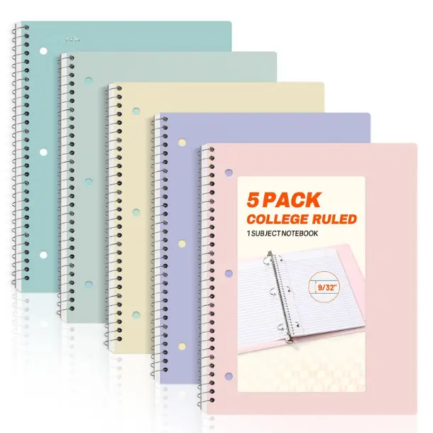 Spiral Notebooks, 1-Subject, 5 Pack, College Ruled Paper, 8" x 10-1/2", 70 Sheets per Notebook,3-Hole Punched Paper, Pink,Purple, Blue, Green, Yellow Spiral Lined Notebooks for School,Work