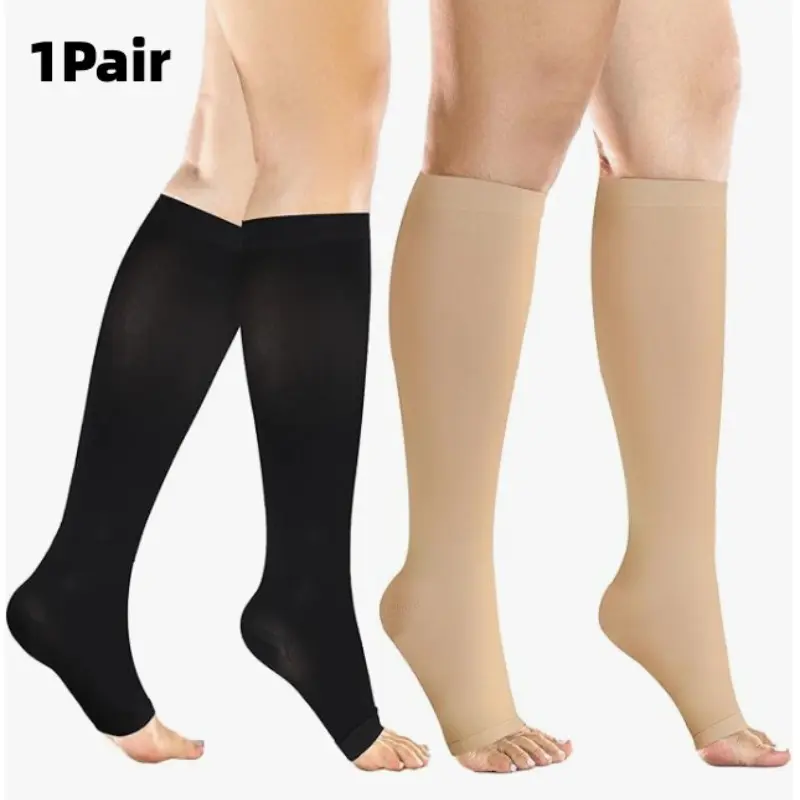 1Pairs 20-30 mmHg Compression Support Socks for Women & Men, Unisex Fit, Black/Skin Color Knee High Open Toe Stockings, Premium Quality Finish, Durable & Stylish Design, Ideal for Everyday Use, Must-Have,Spring/Summer, Daily Use, Compression Sports Socks
