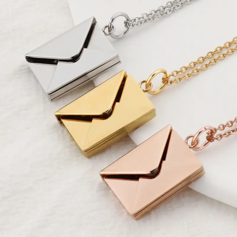 Elegant Envelope Locket Necklace, Stainless Steel Jewelry with Secret 'Love You' Message for Women, 16 Inches Chain for Engagement, Anniversary, Birthday Gift, Engraved, Unisex Names, Christmas, Friendship