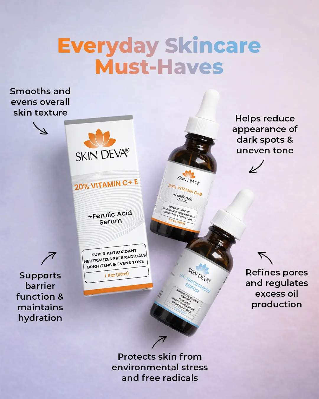 Skin Deva Skin Tone and Texture Support Duo | Vitamin C Serum & E Ferulic Acid  & Niacinamide Serum